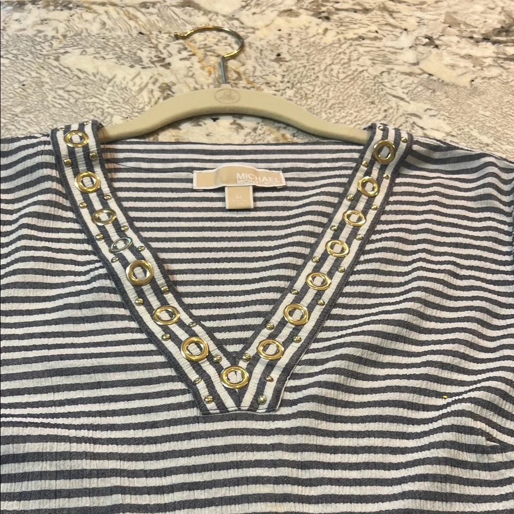 Michael Kors Grey and White Striped Long Sleeve Top Women's size Medium